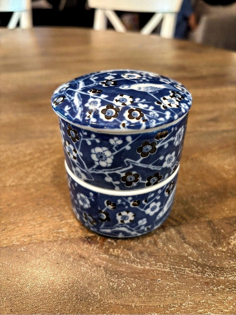 MANN 1977 Blue & White Floral Trinket Container Set Bird Motif Dainty